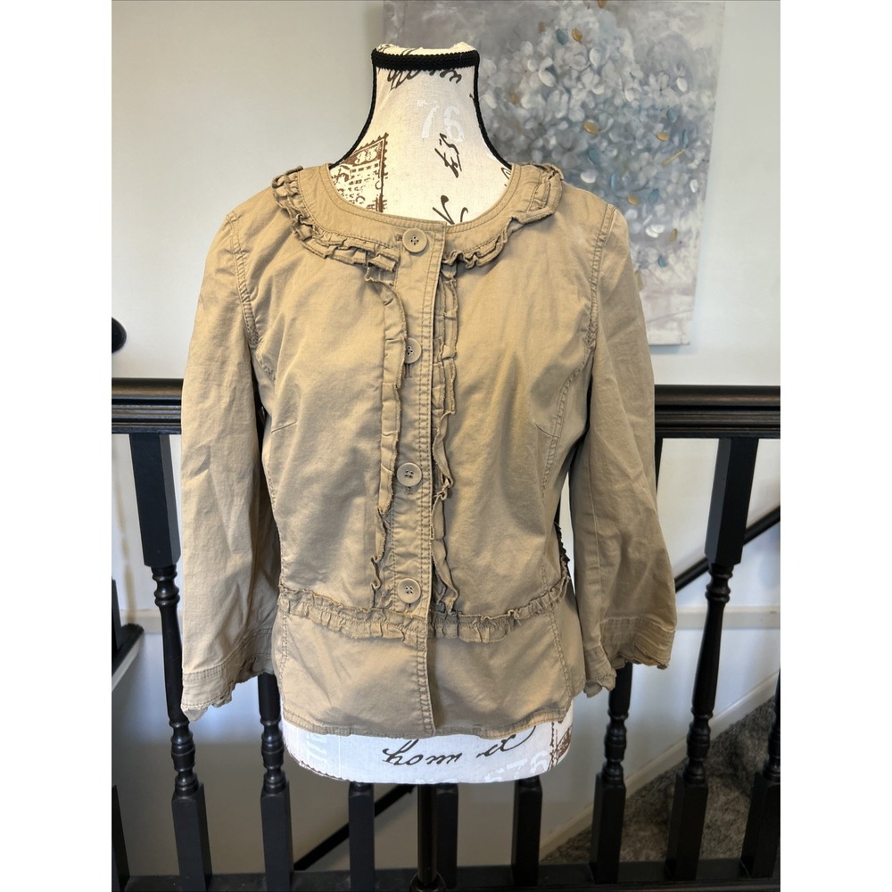 Ann Taylor Loft 3/4 Sleeve Ruffled Cropped Jacket Blazer Womens 12 Lolita Khaki